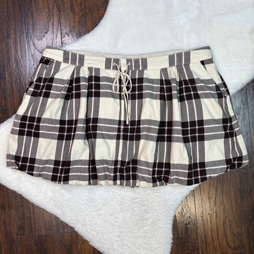 Aerie Bubble Skirt XXL Cream Brown Pink Plaid Drawstring Cotton Blend Flannel